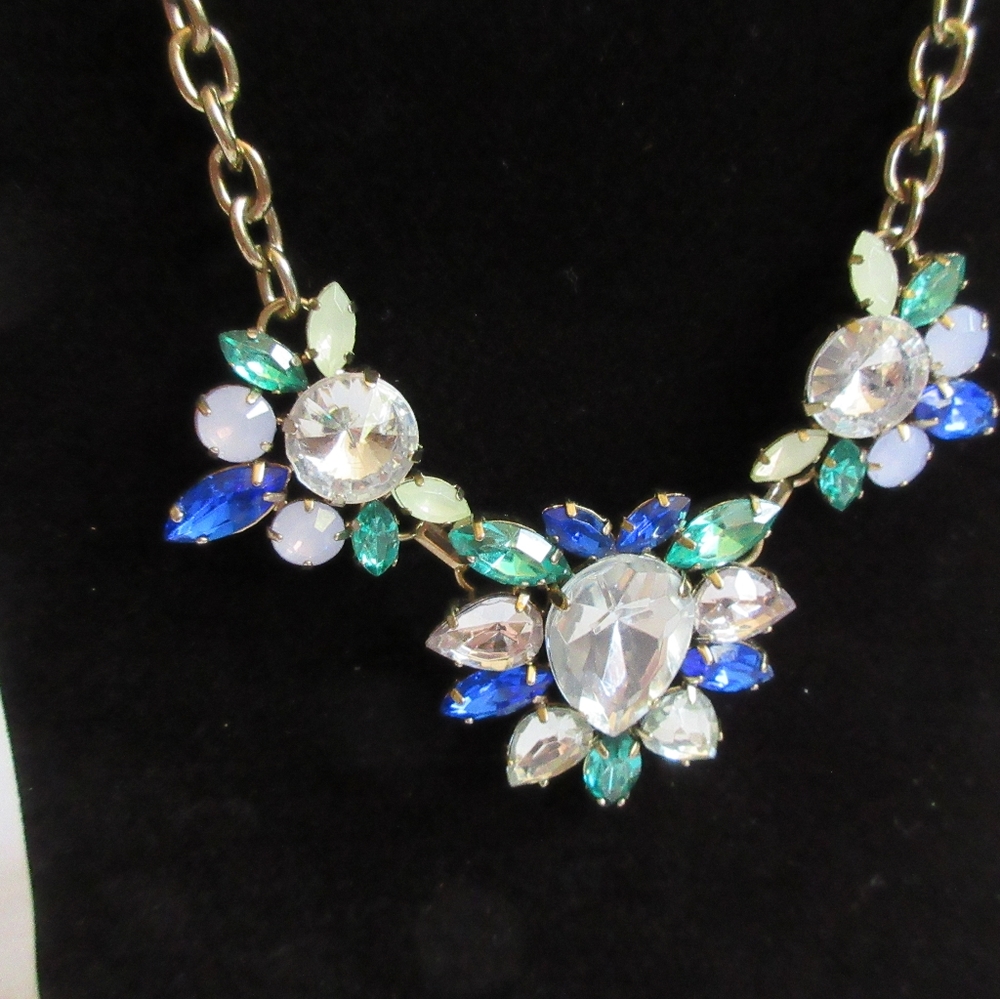 Rare Erica Lyons Era J. Crew Blue Green Clear Huge Chunky Gem Jewel Necklace